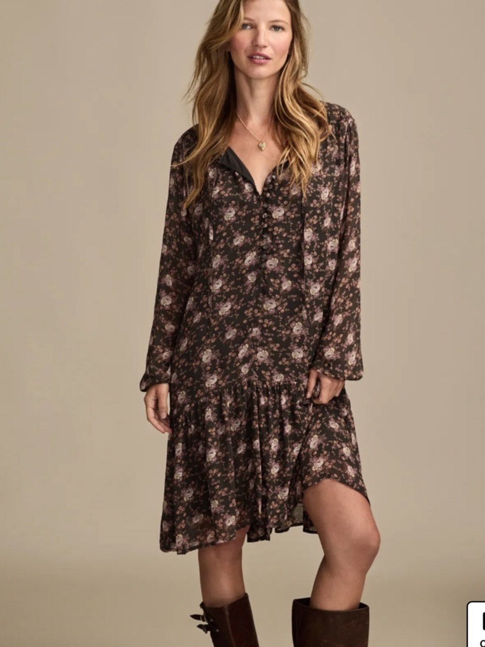 Lucky Brand NWT Medium Taupe Purple Floral Drop-Waist Mini Dress